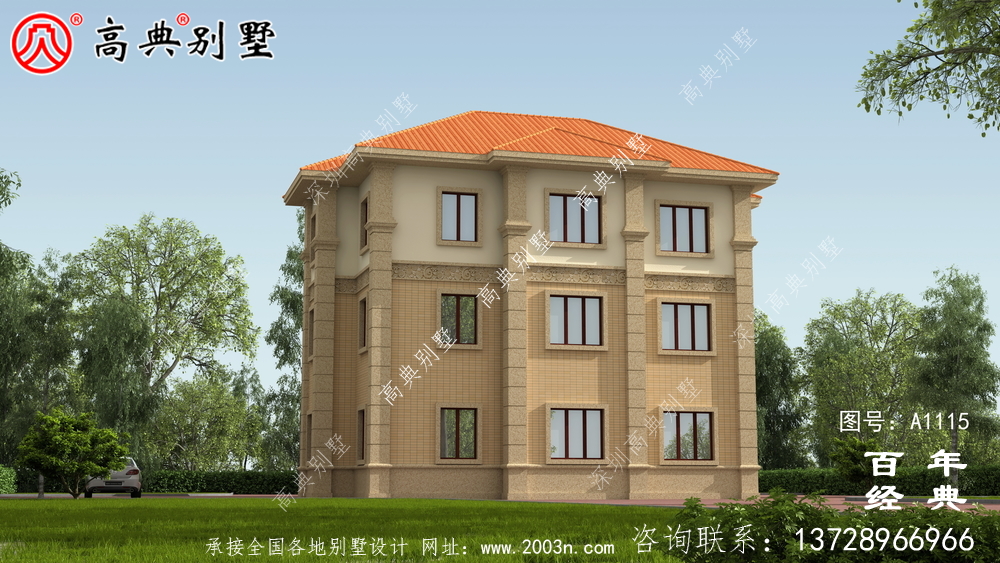 帶車庫的歐式三層別墅房屋設計圖，大客廳挑高
