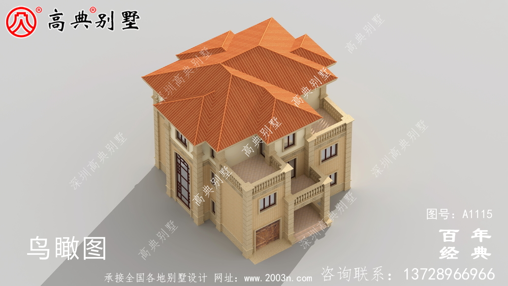 帶車庫的歐式三層別墅房屋設計圖，大客廳挑高