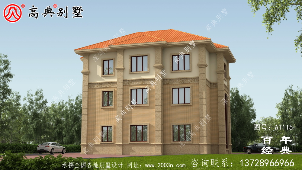 帶車庫的歐式三層別墅房屋設計圖，大客廳挑高
