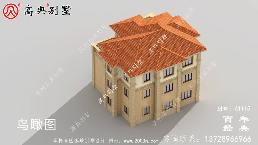 帶車庫的歐式三層別墅房屋設計圖，大客廳挑高