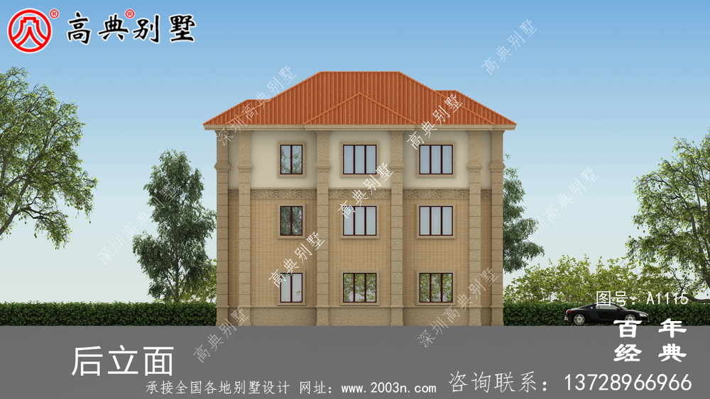 帶車庫的歐式三層別墅房屋設計圖，大客廳挑高
