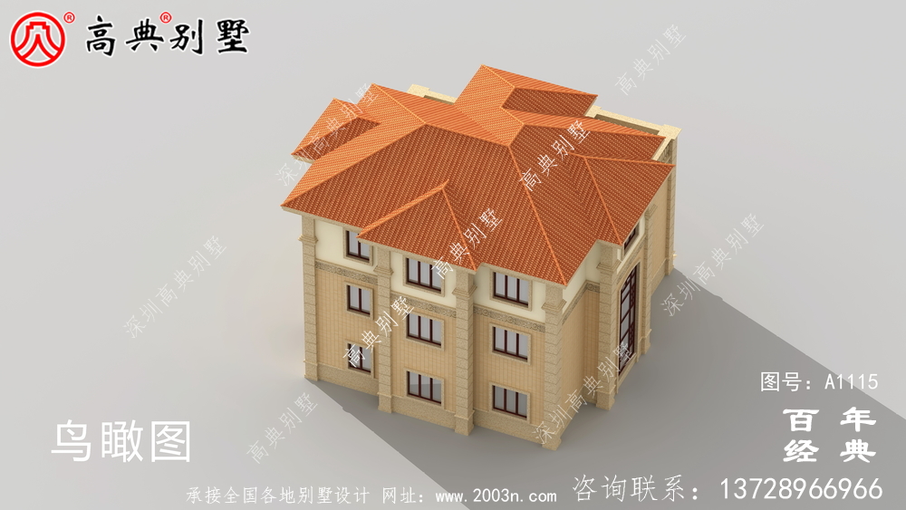 帶車庫的歐式三層別墅房屋設計圖，大客廳挑高
