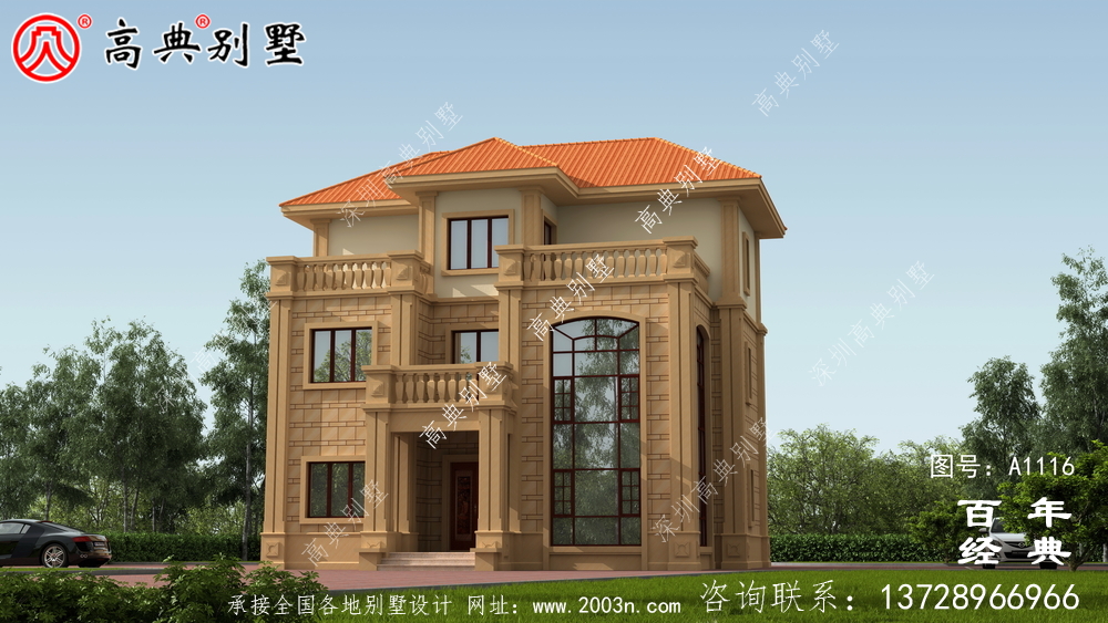 大客廳歐式三層別墅房屋設計圖,含外型造型設計圖