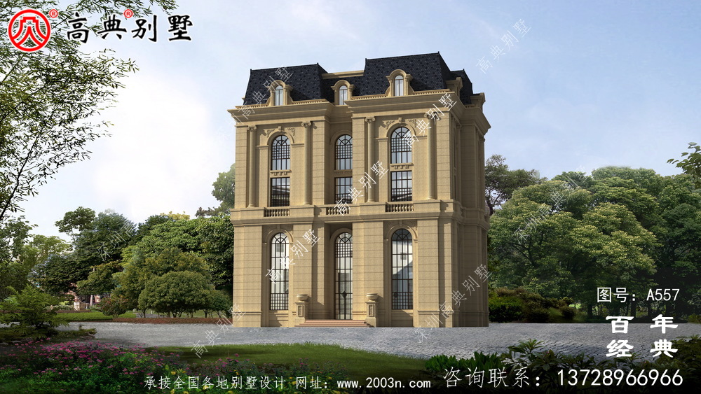 五層豪華的歐式自建筑造型，客廳空洞，三轉樓梯