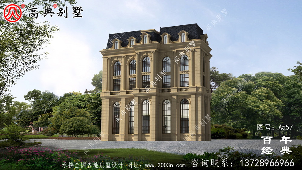 五層豪華的歐式自建筑造型，客廳空洞，三轉樓梯