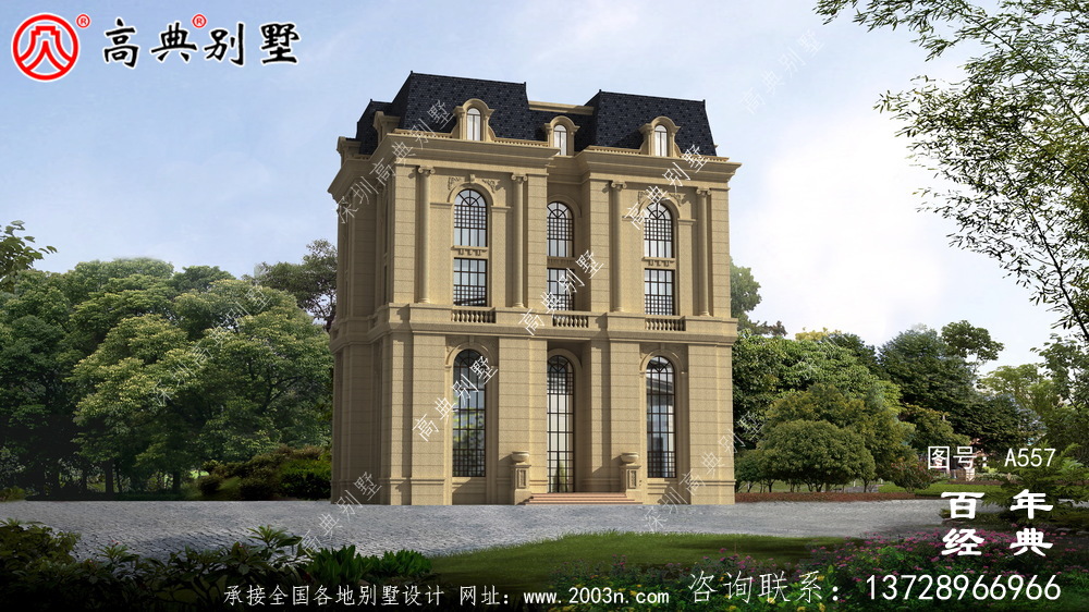 五層豪華的歐式自建筑造型，客廳空洞，三轉樓梯