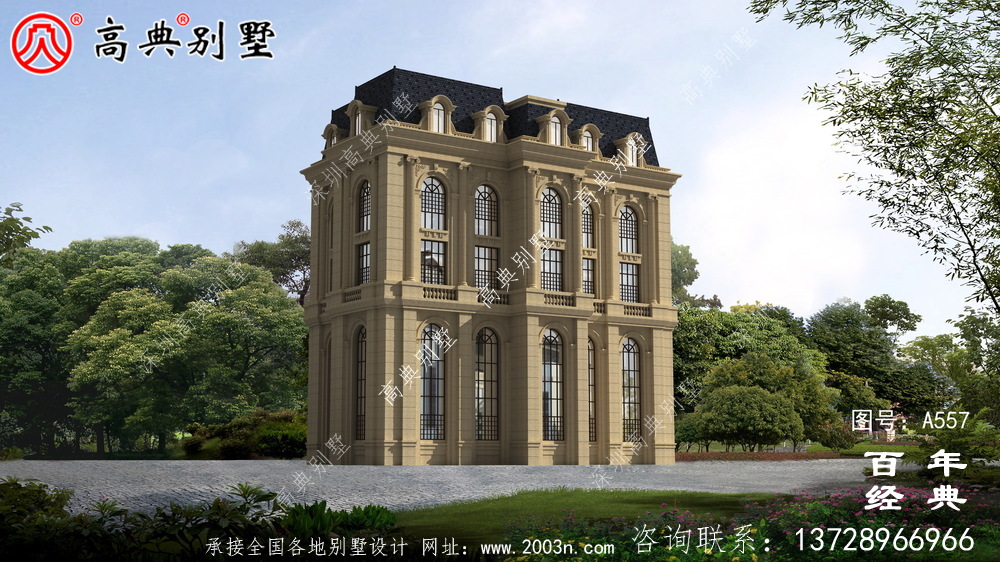 五層豪華的歐式自建筑造型，客廳空洞，三轉樓梯