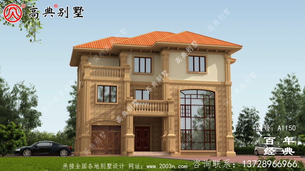 165平方米新農(nóng)村三層住宅設(shè)計(jì)圖紙，包括效果圖，帶車庫(kù)