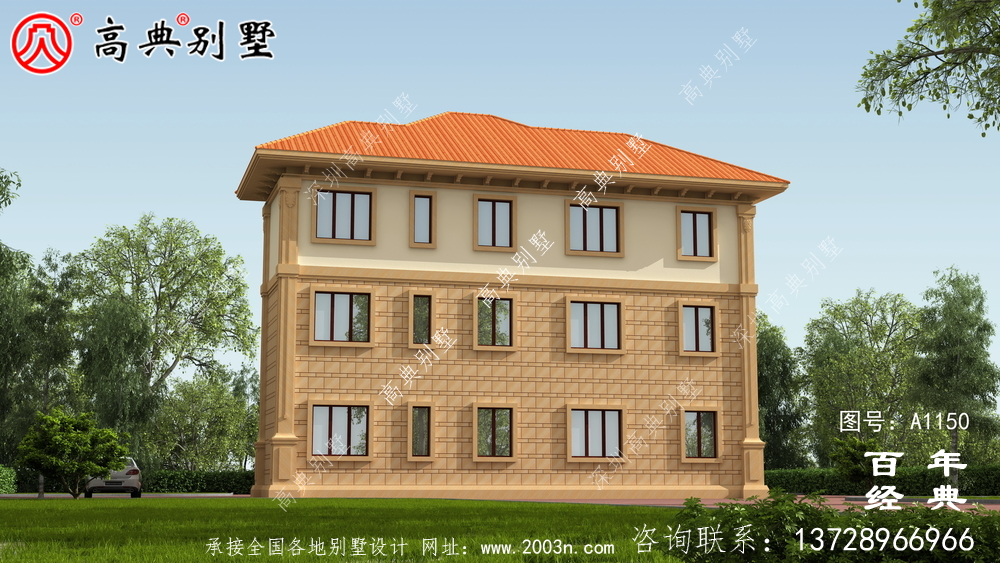 165平方米新農(nóng)村三層住宅設(shè)計(jì)圖紙，包括效果圖，帶車庫(kù)