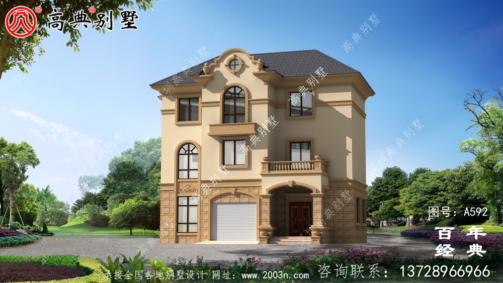 三層帶車庫別墅設計效果圖及施工圖_別墅設計圖紙,新農村別墅,農村自建房設計