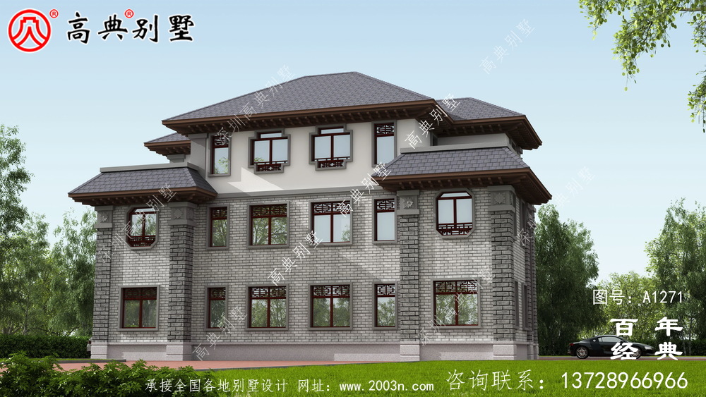 新中式三層實用型雙拼別墅效果圖及施工圖__三層別墅圖紙