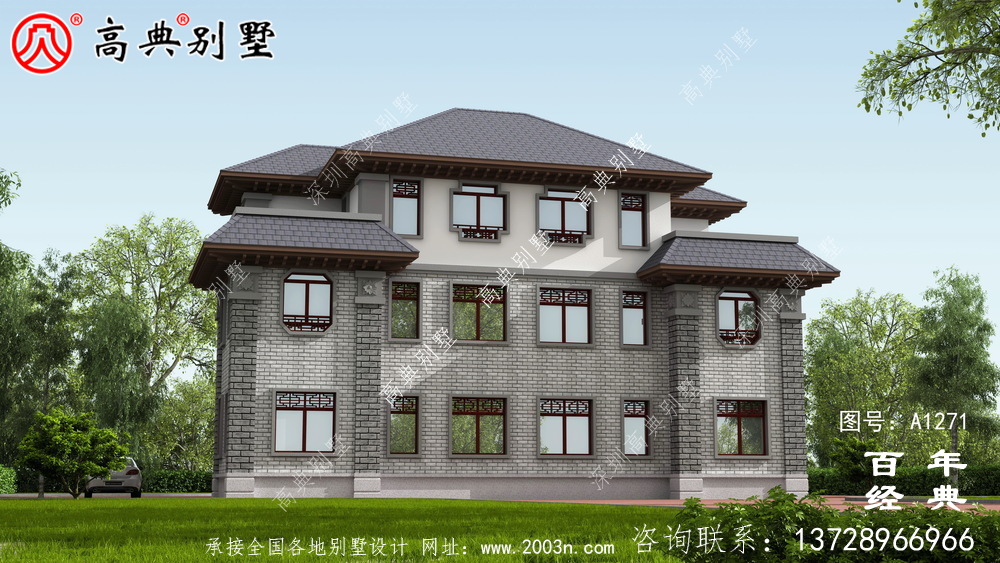 新中式三層實用型雙拼別墅效果圖及施工圖__三層別墅圖紙