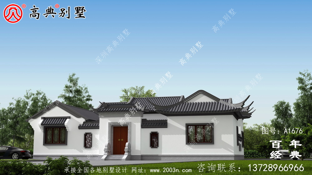 大氣單層中式別墅帶庭院設計圖紙及效果圖_農村三層別墅設計