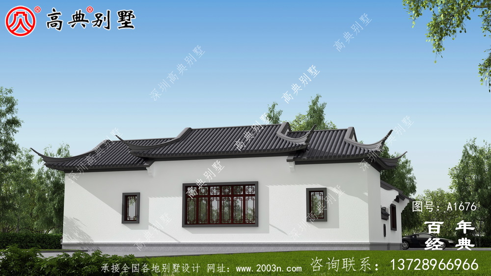 大氣單層中式別墅帶庭院設計圖紙及效果圖_農村三層別墅設計