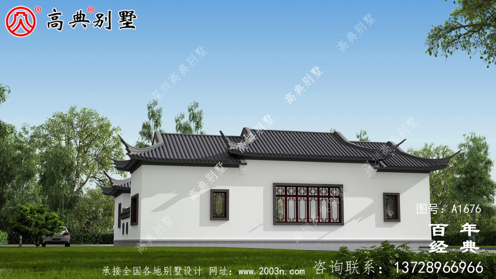 大氣單層中式別墅帶庭院設計圖紙及效果圖_農村三層別墅設計