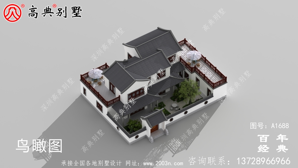 新中式兩層帶庭院農村別墅設計圖紙效果圖_農村兩層別墅設計