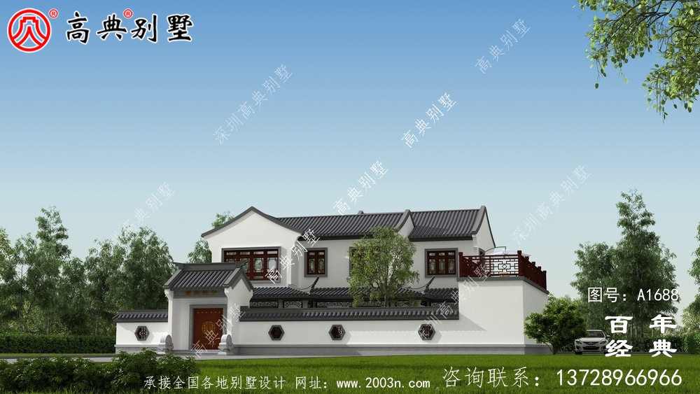 新中式兩層帶庭院農村別墅設計圖紙效果圖_農村兩層別墅設計