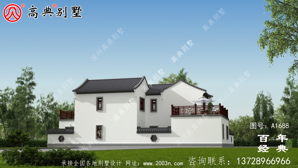新中式兩層帶庭院農村別墅設計圖紙效果圖_農村兩層別墅設計