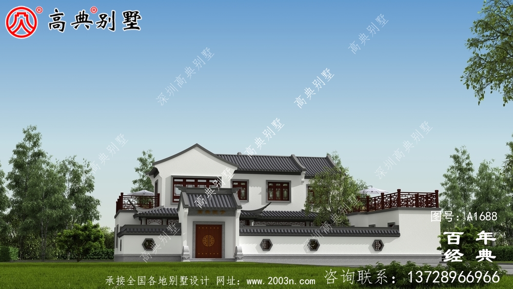 新中式兩層帶庭院農村別墅設計圖紙效果圖_農村兩層別墅設計