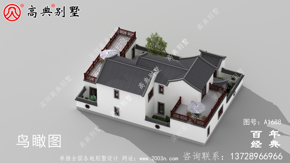 新中式兩層帶庭院農村別墅設計圖紙效果圖_農村兩層別墅設計