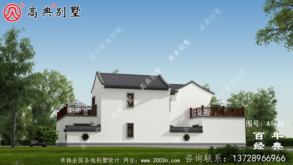 新中式兩層帶庭院農村別墅設計圖紙效果圖_農村兩層別墅設計