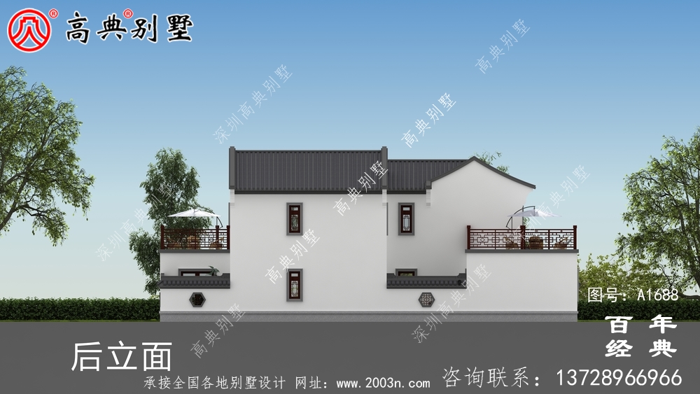 新中式兩層帶庭院農村別墅設計圖紙效果圖_農村兩層別墅設計