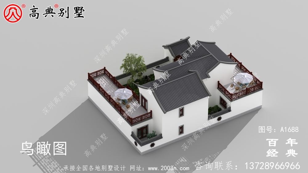 新中式兩層帶庭院農村別墅設計圖紙效果圖_農村兩層別墅設計
